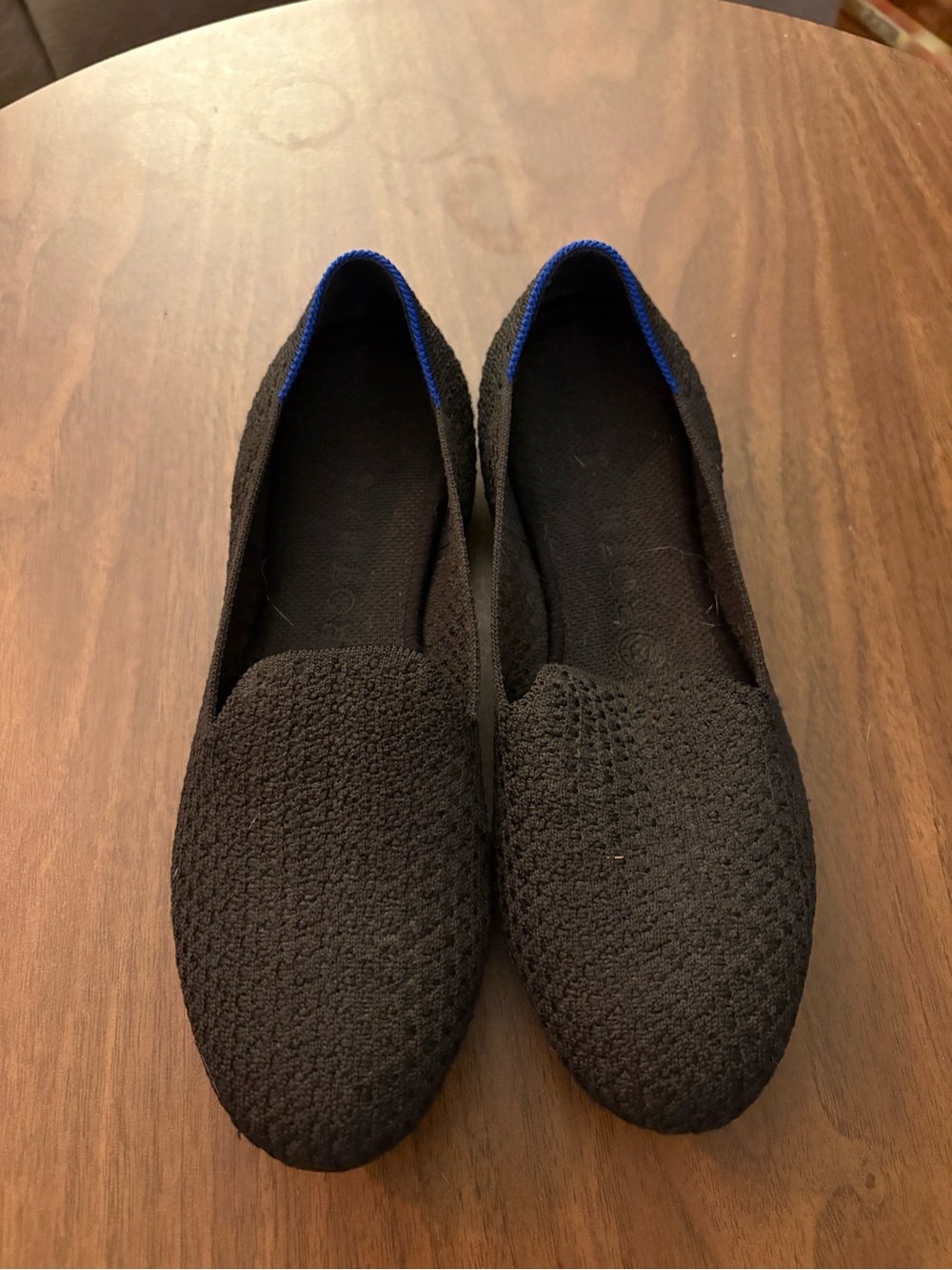 Rothy's Black Knit Slip-On Loafers with Blue Trim